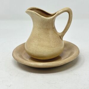 Vintage Speckled Tan Ceramic Mini Pitcher Saucer Set Farmhouse Rustic Cottage